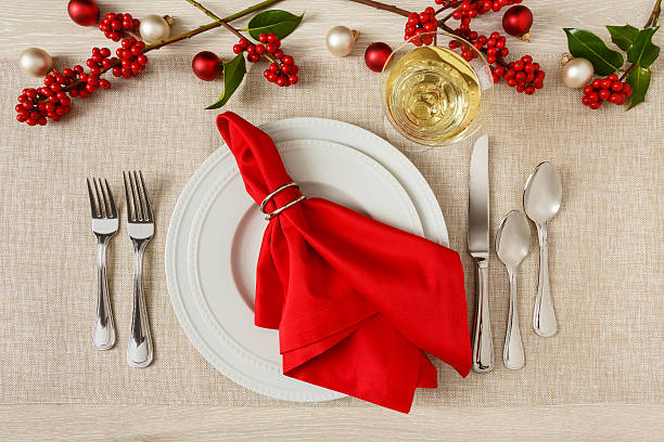 Festive Christmas holiday table setting place setting dinner party decorations