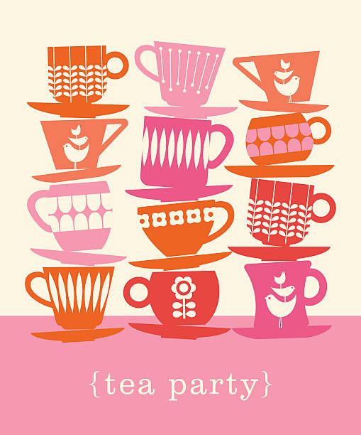 kolorowa ilustracja retro ze stosami filiżanek herbaty - tea cup stock illustrations