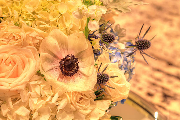 Wedding bouquet in a silver vase on a mirror table with white chairs and a sofa in the background. Flowers include white poppy Papaver species, white roses, blue thistle flowers, hydrangea and sweat pea.