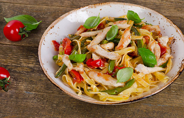 istock Italian Pasta with chicken on rustic  wooden table. 615989770