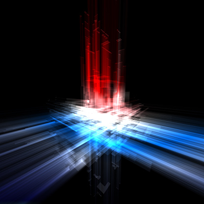 Abstract technology background with translucent rectangles with a blue, red and white light.