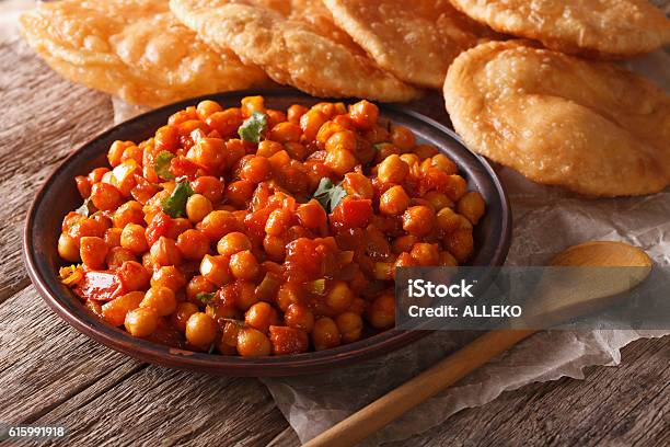 Indian Chana Masala And Puri Bread Closeup Horizontal Stock Photo - Download Image Now