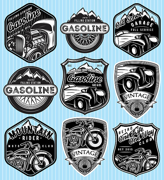 badges for advertising gasoline, retro cars or moto vector stylish set of badges for advertising gasoline, retro cars or moto used motorcycle parts stock illustrations