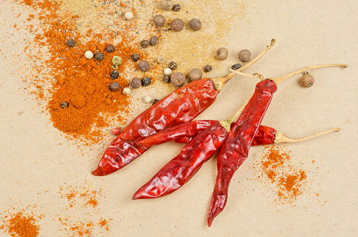 Scattered red chili and wooden scoop on white background.