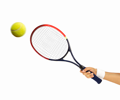 hand holding a tennis racket hitting a ball isolated on white background