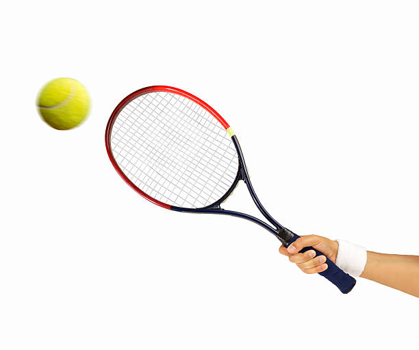 hitting a tennis ball hand holding a tennis racket hitting a ball isolated on white background tennis racquet stock pictures, royalty-free photos & images