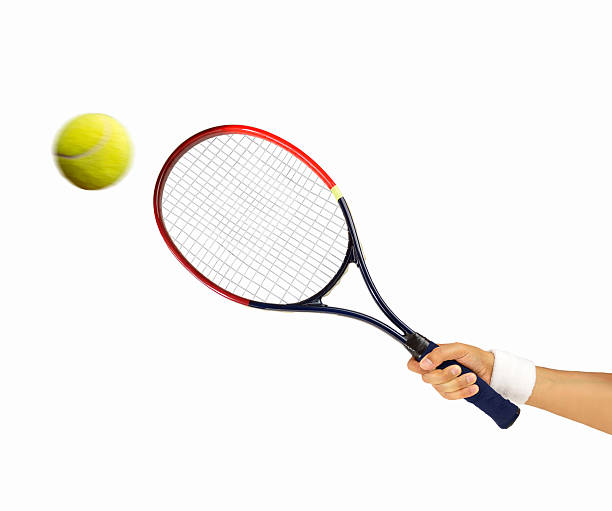 hitting a tennis ball hand holding a tennis racket hitting a ball isolated on white background tennis racket stock pictures, royalty-free photos & images