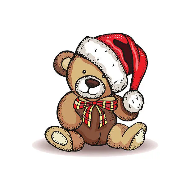 Vector illustration of Merry Christmas hand drawn card.  Teddy bear in Christmas cap.