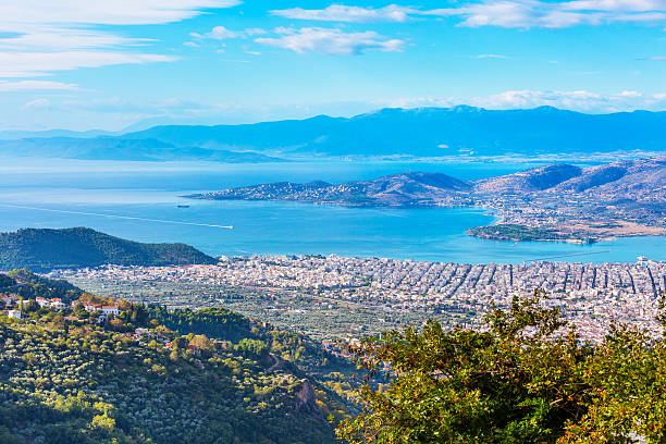 Volos city view from Pelion mount, Greece Volos city and gulf aerial view from Pelion mount, Greece pilio greece stock pictures, royalty-free photos & images