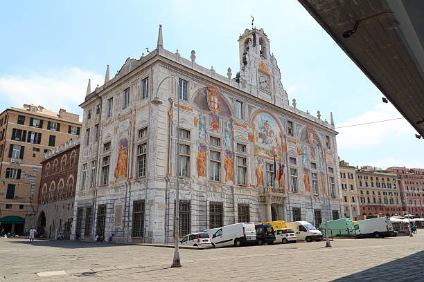 Palace Palazzo San Giorgio near Porto Antico, Genoa, Italy Genoa, Italy - June 26, 2016: Palace Palazzo San Giorgio near Porto Antico. The palace was built in 1260 by Guglielmo Boccanegra. The palace was used for a time as a prison; Marco Polo was its most famous resident and it was there that he dictated his memoirs to Rustichello of Pisa. palazzo antico stock pictures, royalty-free photos & images