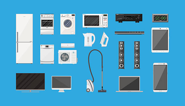 Household Appliances and Electronic Devices set Household Appliances and Electronic Devices set on blue background. vector illustration in flat style iron appliance stock illustrations
