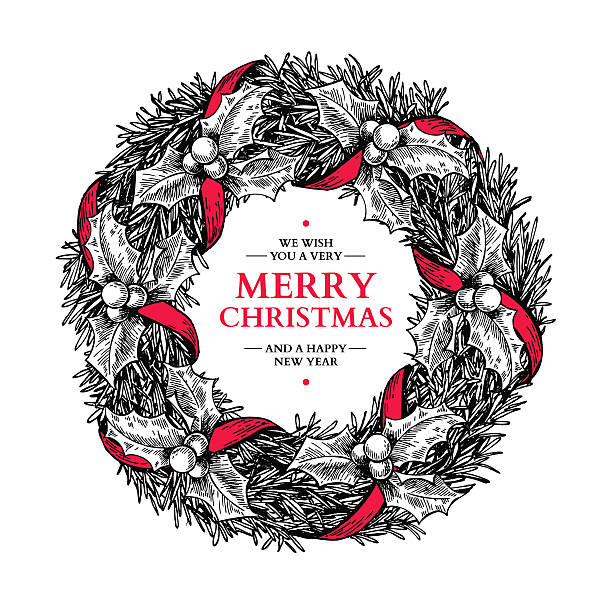 weihnachtskranz. vektor handgezeichnete illustration mit holly, mis - christmas holly mistletoe symbol stock-grafiken, -clipart, -cartoons und -symbole