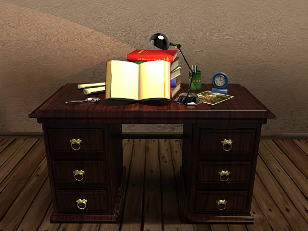 istock Antique desk with an open book 616009038