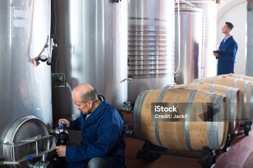 Glad man machinery operator working in winery Glad man machinery operator working on secondary fermentation equipment in winery manufactory 40-49 Years Stock Photo
