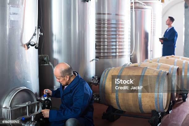 Glad Man Machinery Operator Working In Winery Stock Photo - Download Image Now - 40-49 Years, 50-54 Years, Adult