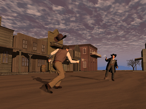 Cowboys duel in a Wild West town