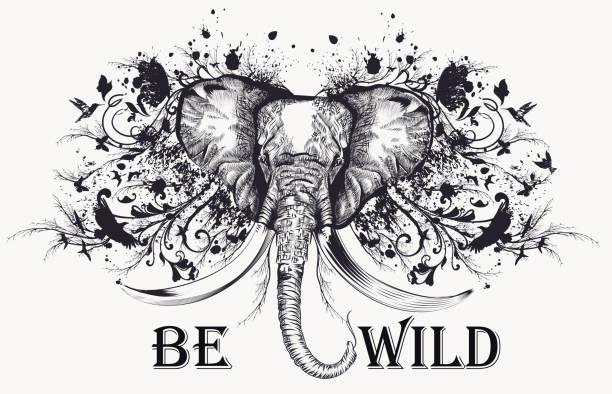 istock Illustration with elephant, flourishes, ink spots and butterflie 616010764