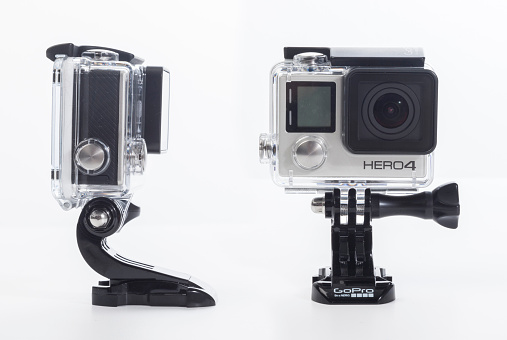 Istanbul, Turkey - June 8, 2015: GoPro Hero 4 Black Edition isolated on white background, GoPro is a brand of high-definition personal cameras, used in extreme action video photography.