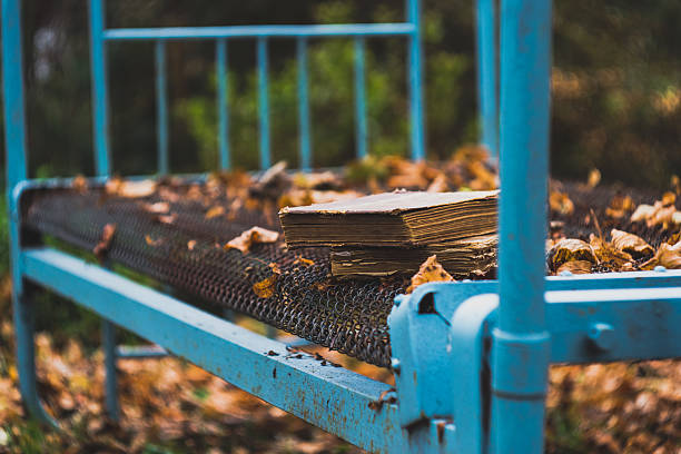 Old books on iron beds in the autumn garden