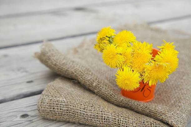 Dandelion blossoms in a orange decorative bucket on a grey sackcloth