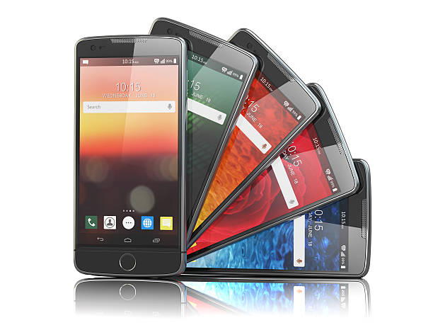 istock Smartphones with different screens isolated on white. Mobile com 616014878
