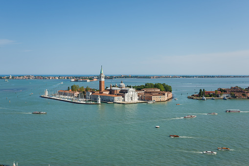 View of the Church of San Giorgio Maggiore from a sightseeing tower of St Mark's Campanile, Venice