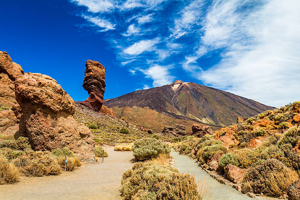 Panoramic view Roque Cinchado rock formation with Pico del Teide Panoramic view of unique Roque Cinchado unique rock formation with famous Pico del Teide mountain volcano summit in the background on a sunny day, Teide National Park, Tenerife, Canary Islands, Spain tenerife stock pictures, royalty-free photos & images