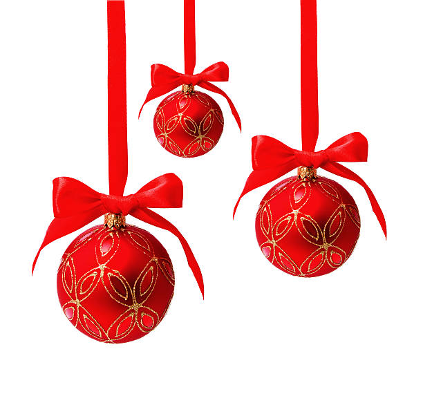 istock Three hunging red christmas balls isolated 616017530