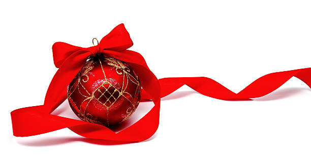 istock Perfect red christmas ball with ribbon isolated 616017582