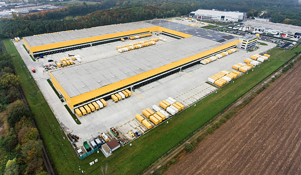 istock Panoramic aerial view of large distribution center 616017836