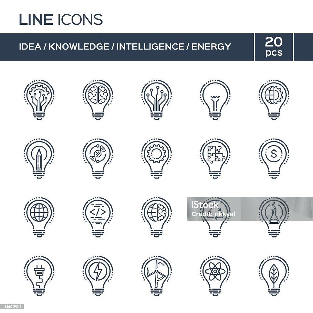 Dünne Liniensymbole gesetzt. Ideen, Wissen, Intelligenz, Energie. - Lizenzfrei Icon Vektorgrafik