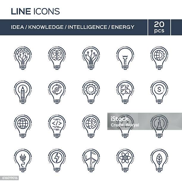 Dünne Liniensymbole Gesetzt Ideen Wissen Intelligenz Energie Stock Vektor Art und mehr Bilder von Icon