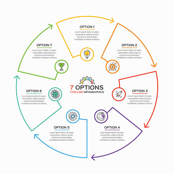 dünnzeilende infografikvorlage mit 7 optionen. - 7 stock-grafiken, -clipart, -cartoons und -symbole