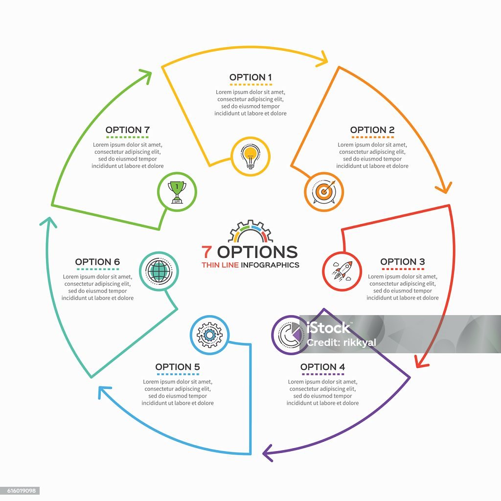 Thin line infographic template with 7 options. Thin line infographic template with 7 options. Vector illustration. Number 7 stock vector