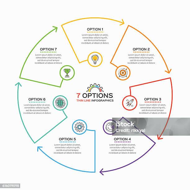 Thin Line Infographic Template With 7 Options Stock Illustration - Download Image Now - Number 7, Infographic, Circle