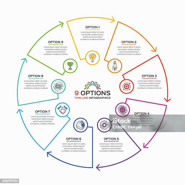 Thin Line Infographic Template With 9 Options Stock Illustration - Download Image Now - Number 9, Infographic, Circle