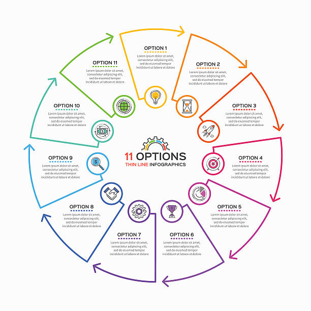 ilustrações, clipart, desenhos animados e ícones de modelo infográfico de linha fina com 11 opções. - 11