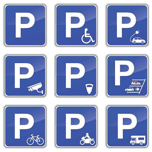 illustrazioni stock, clip art, cartoni animati e icone di tendenza di cartelli parcheggio - parking sign