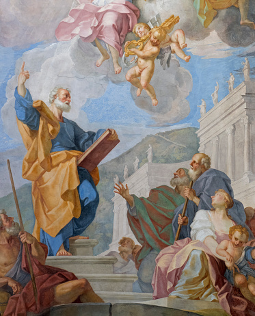 Castel San Pietro Romano, Italy - August 26, 2016:Castel San Pietro Romano, Italy - August 26, 2016: ​on the vault fresco is depicted the apostle Saint Peter represented with the right hand pointing at the sky preaching to the faithful around him. Above him, angels bringing the tiara and the keys: one is golden - heavenly power - and the other one is silvery - the earthly power. Painted by Placido Costanzi in 1736, the full title of the artwork is \