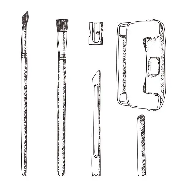 Vector illustration of Vector set of sketch stationery items  hand drawn in sketch style.