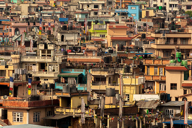 Kathmandu From Above The tightly packed constructions of Kathmandu, Nepal zoomed in from the top of a high structure overlooking the city thamel stock pictures, royalty-free photos & images