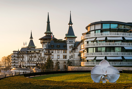Zurich, Switzerland - March 18, 2016: Exterior view of The Dolder Grand (formerly known as Grand Hotel Dolder) luxury hotel in Zurich. Built in 1899 and renovated 2004-2008 by Sir Norman Foster, the 5 star hotel offers 173 rooms and suites.
