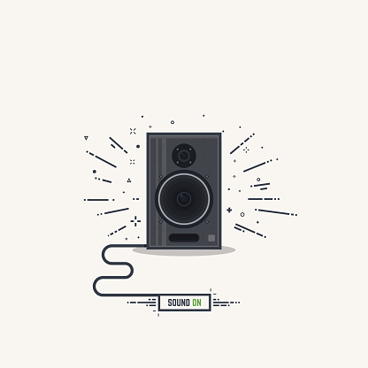 Black and gray loudspeaker with abstract sound waves. Thick lines and flat style illustration. Acoustic speaker concept with cord and text button sound on.