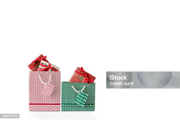 A Red And Green Shopping Bag Stock Photo - Download Image Now - Gift Bag, Goodie Bag, Bag