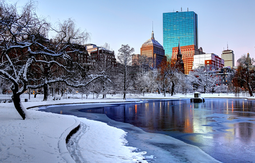Snow covered Boston Public Garden. Boston is the largest city in New England, the capital of the state of Massachusetts. Boston is known for its central role in American history,world-class educational institutions, cultural facilities, and champion sports franchises.