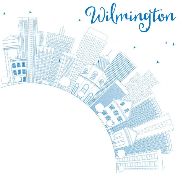 Vector illustration of Outline Wilmington Skyline with Blue Buildings and Copy Space.