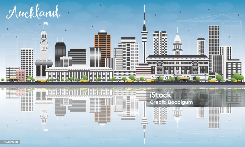 Auckland Skyline with Gray Buildings, Blue Sky and Reflections. Auckland Skyline with Gray Buildings, Blue Sky and Reflections. Vector Illustration. Business Travel and Tourism Concept with Modern Buildings. Image for Presentation Banner Placard and Web Site. Auckland stock vector