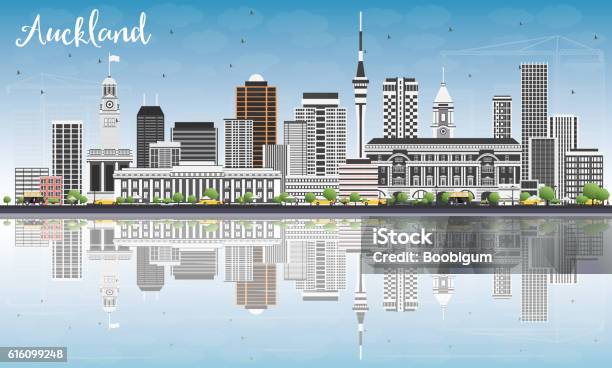 Auckland Skyline With Gray Buildings Blue Sky And Reflections Stock Illustration - Download Image Now
