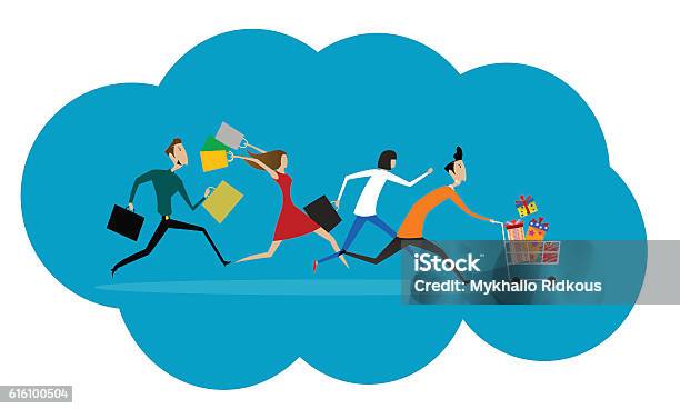 Women And Men Hurry Run To Sale Stock Illustration - Download Image Now - Shopping, Retail, Terrified