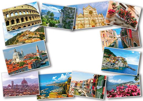 The collage from photos of Italy on white background